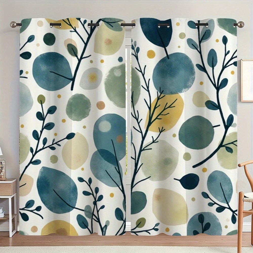 2pc Watercolor Leaves and Branches Printed Pattern Curtains, Polyester Fabric, Suitable for Bedroom Living Room Decoration