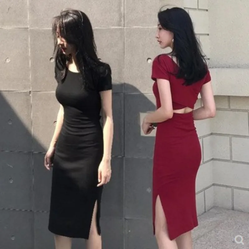 Damen Frühling Sommer Einfarbiges Kleid Neues Bodycon-Kleid Mittellanger Rock mit Schlitz Mädchen Studentin Kurzarm Rückenfreies Kleid