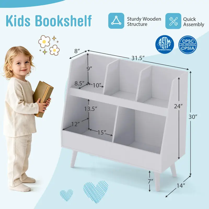 5-Cube Kids Bookshelf and Toy Organizer with Anti-Tipping Kits-Light Gray