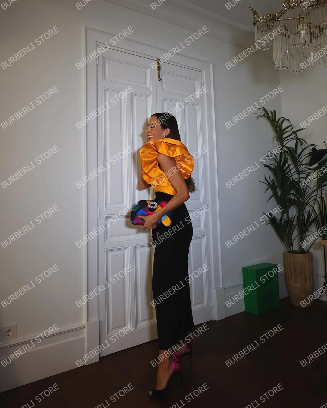 Elegant Orange Satin Women Tops Pretty Ruffles Sleeves O-neck Taffeta Female Top High Quality Custom Made Prom Party Blouse