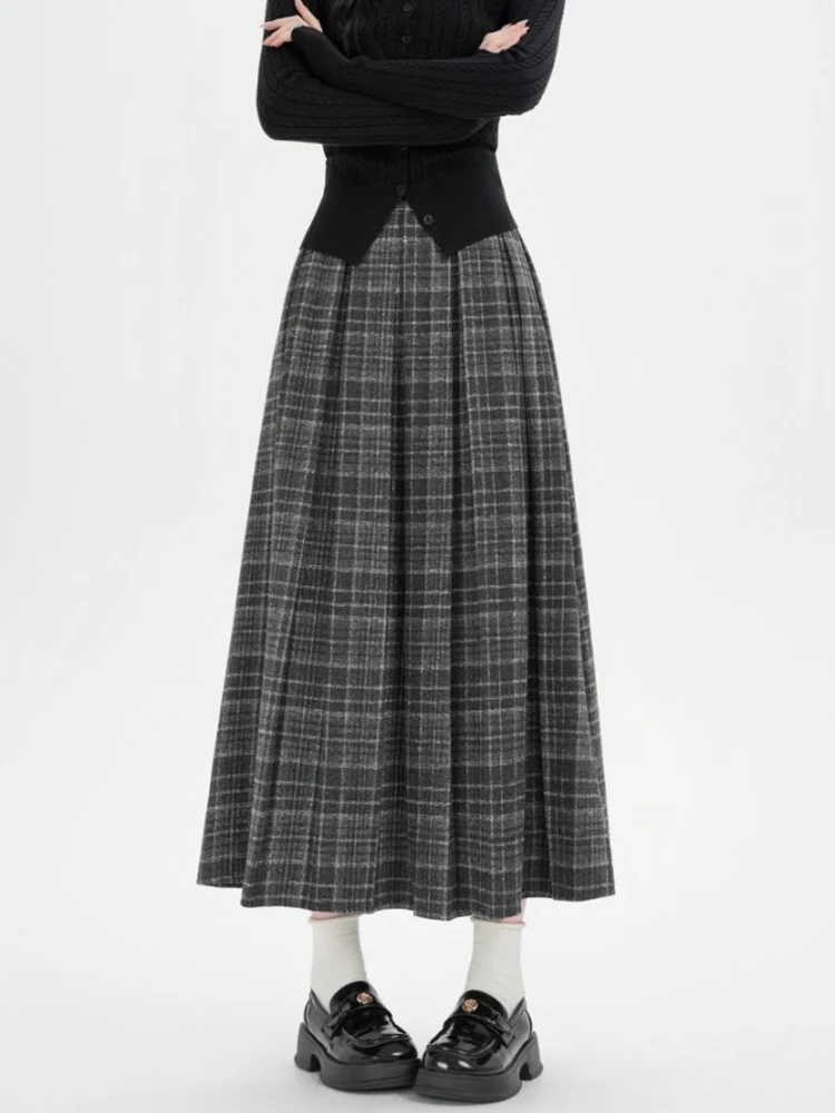 伸縮性ウエストレトロチェック柄プリーツウールスカート女性秋冬暖かいカジュアルビッグスイングロングAラインスカートレディース