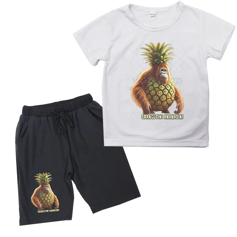 

2 шт., детская футболка с итальянским мозгом, костюм Orangutini Ananasini, забавный мем, детская одежда, итальянская одежда Brainrot для маленьких девочек и мальчиков