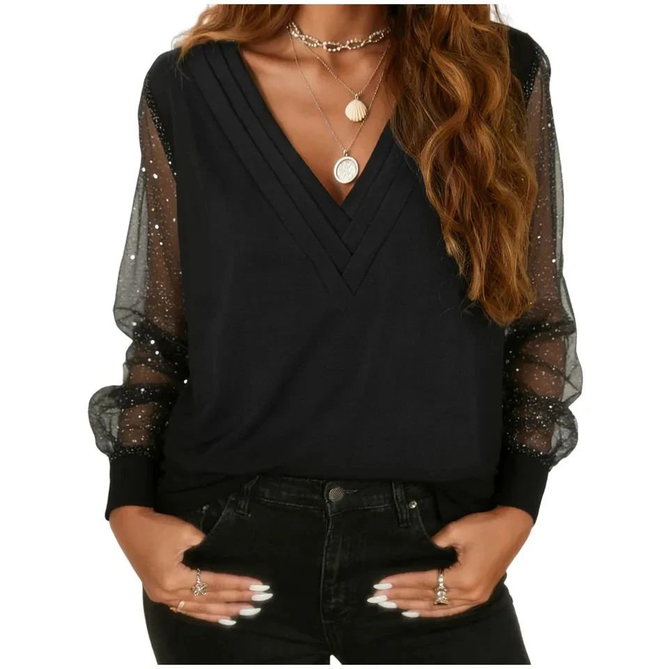 

Women Plus Size Sequin Glitter Tops Elegant Mesh Long Sleeved T Shirts Festive Sequins Tunic Blouses Womens V Neck T-Shirt
