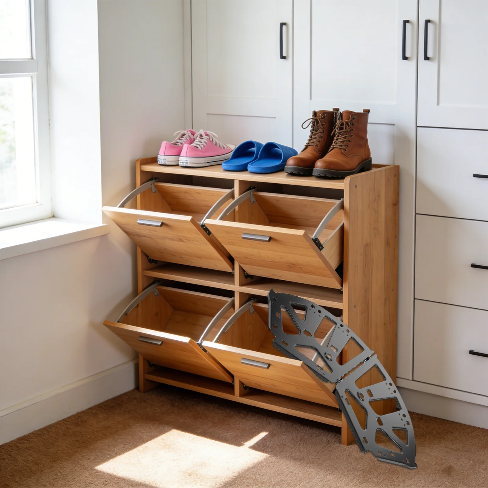 

Black Three Tier Flip Frame Shoe Rack Hardware - Heavy Duty Cabinet Door Hinges with Adjustable Flip Frame for Compact Closet