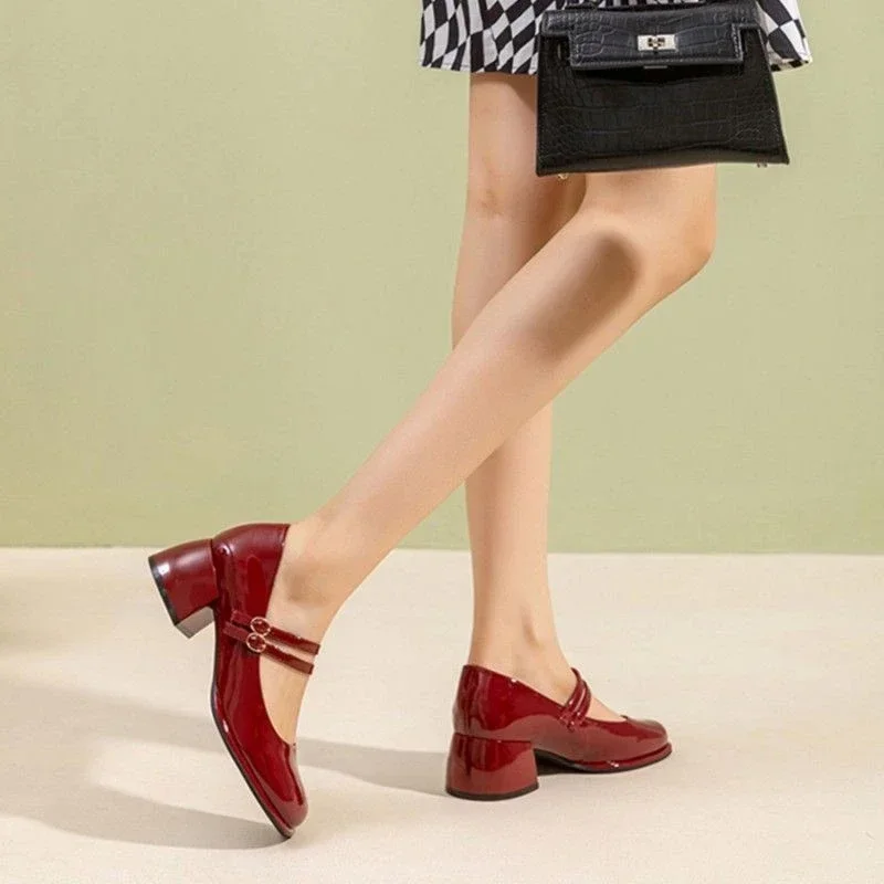 College Style Mary Jane Shoes for Women Big Size Belt Buckle Women Small Leather Shoes Shallow Thick Heels Women High Heels New