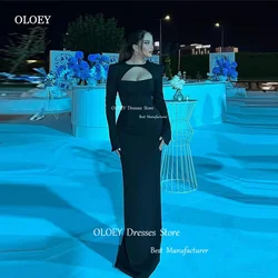 OLOEY Simple Black Evening Dresses Arabic Women Long Sleeves O-Neck Floor Length Formal Party Dress Prom Gown Occasion Event