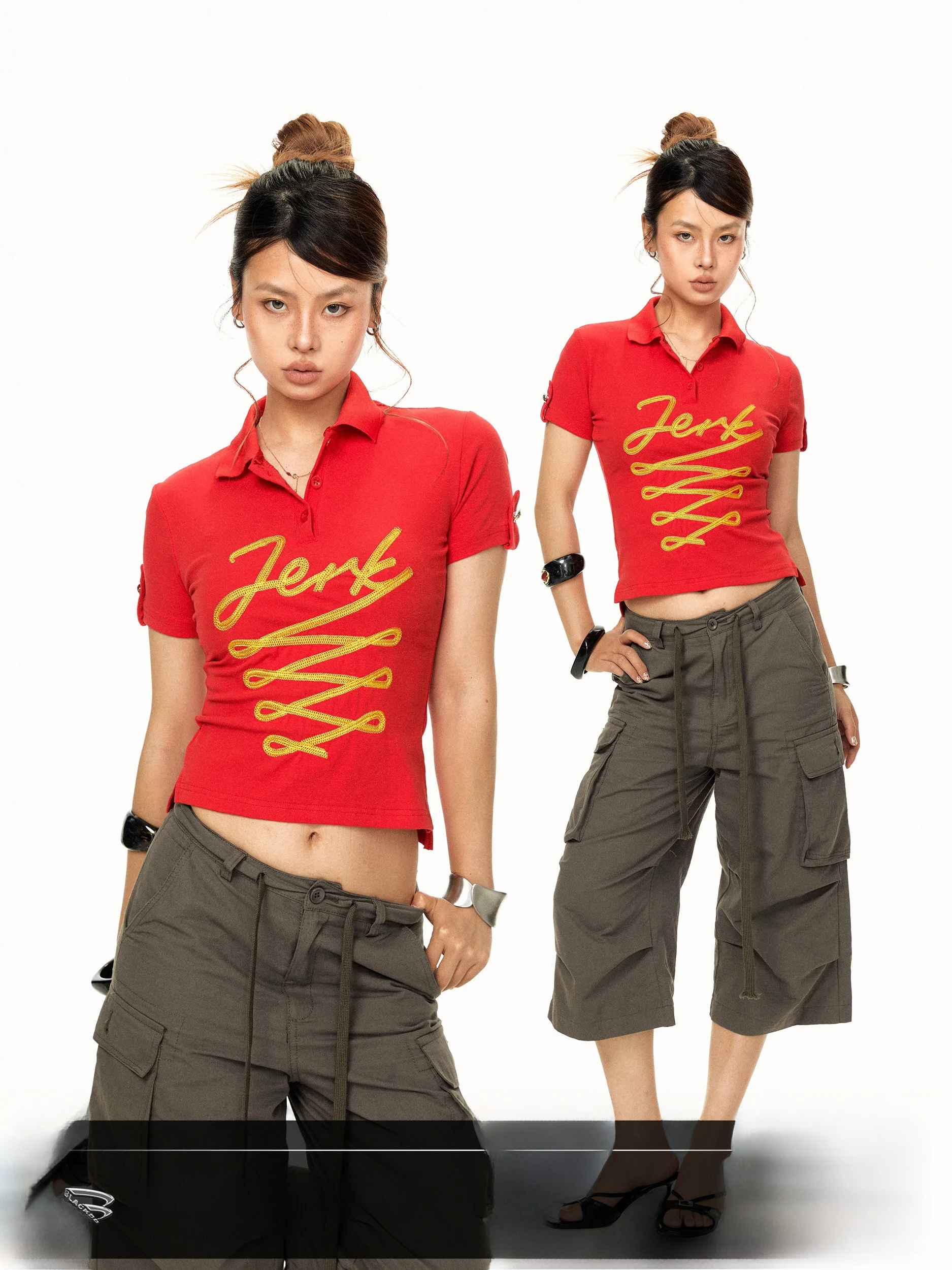 Retro Blackbb Gold Thread Embroidered Belt Shoulder  Neck Short Sleeve T-Shirt Women's Slim Fit Summer Top Fashion Style