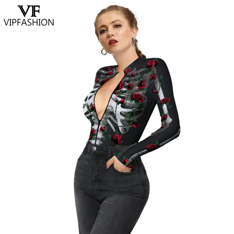 VIP FASHION Women Scary Skeleton Ghost Punk Print Halloween Long Sleeve Zentai Bodysuit Catsuit Sexy Swimsuits Cosplay Costumes