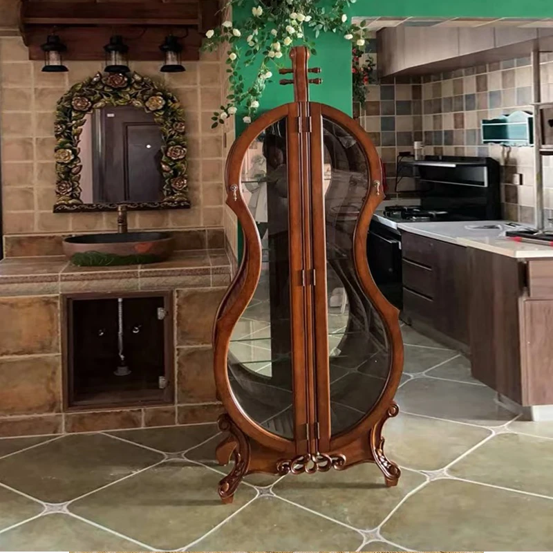 

All solid wood American cello wine cabinet, glass double door carved European display cabinet