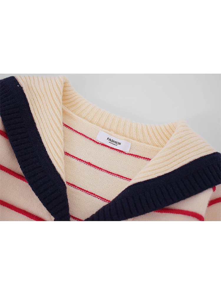 Autumn Winter Woman Vintage Striped Sweater Long Sleeve Preppy Korean Sailor Collar Knitwears 2000s Aesthetic Cute Core Chic