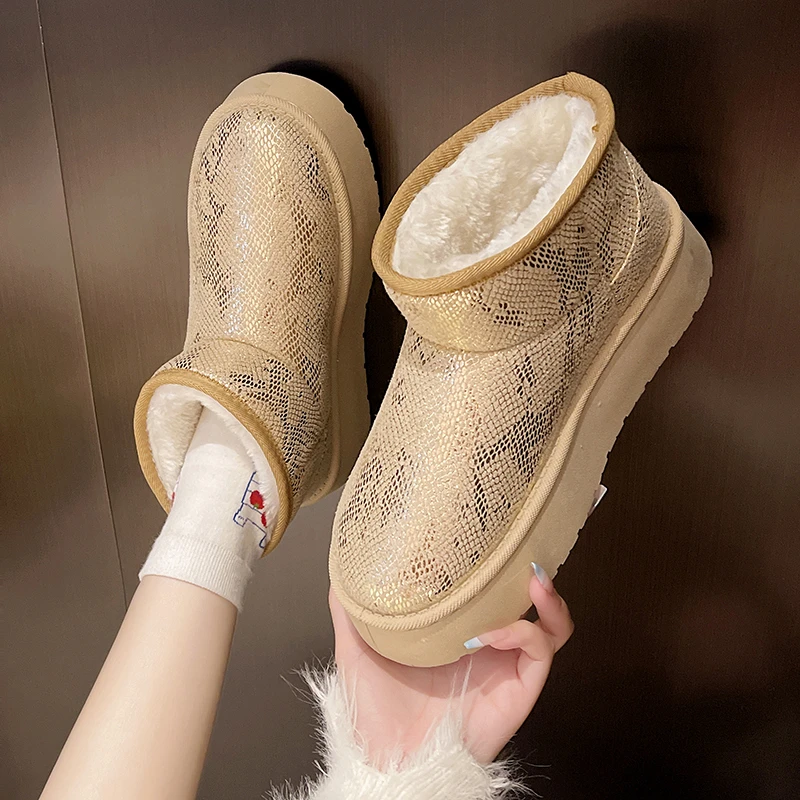 Botas térmicas de nieve para mujer, gamuza, botas de nieve sin tirantes tipo cierre con cordones de algodón otoño-invierno