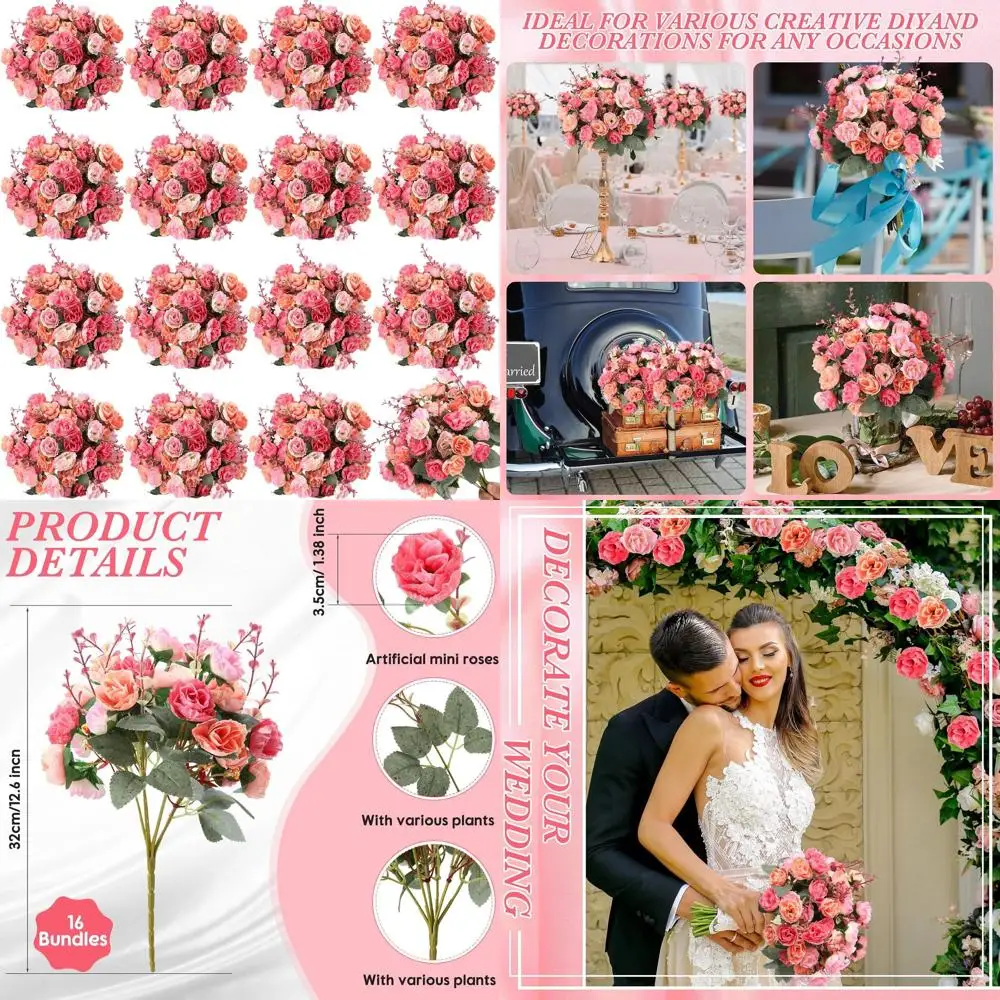 

16 Pcs Rose Artificial Flowers Fake Flowers Bouquet 21 Heads Silk Faux Floral Bundles with Stem for Home Bridal Wedding Arrangem