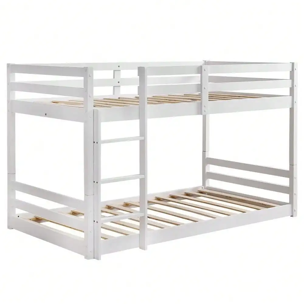 Twin over Twin Bunk Platform Bed Frame with Ladder and Guardrail Soild Wood