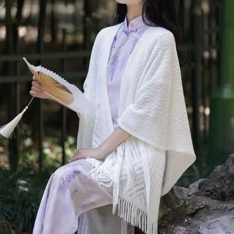 Air conditioned room office knitted shawl women's hollowed out tassel fashionable cheongsam white cape thin cloak Poncho P2