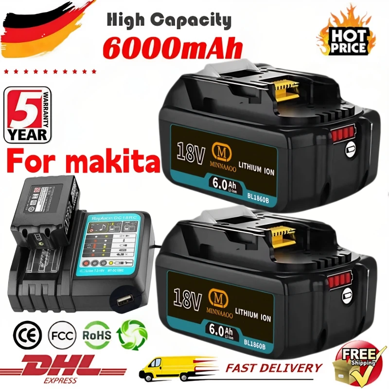 

100% Original For Makita 18V 6000mAh Rechargeable Power Tools Li-ion Battery BL1860B BL1860 BL1850 BL1830 Replacement Battery