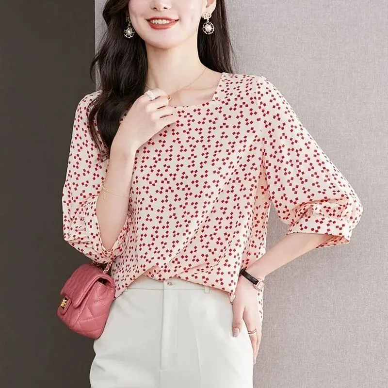 Summer New European and American Loose Square Printed Chiffon Shirt with Round Neck and Three-quarter Sleeve Commuter Korean