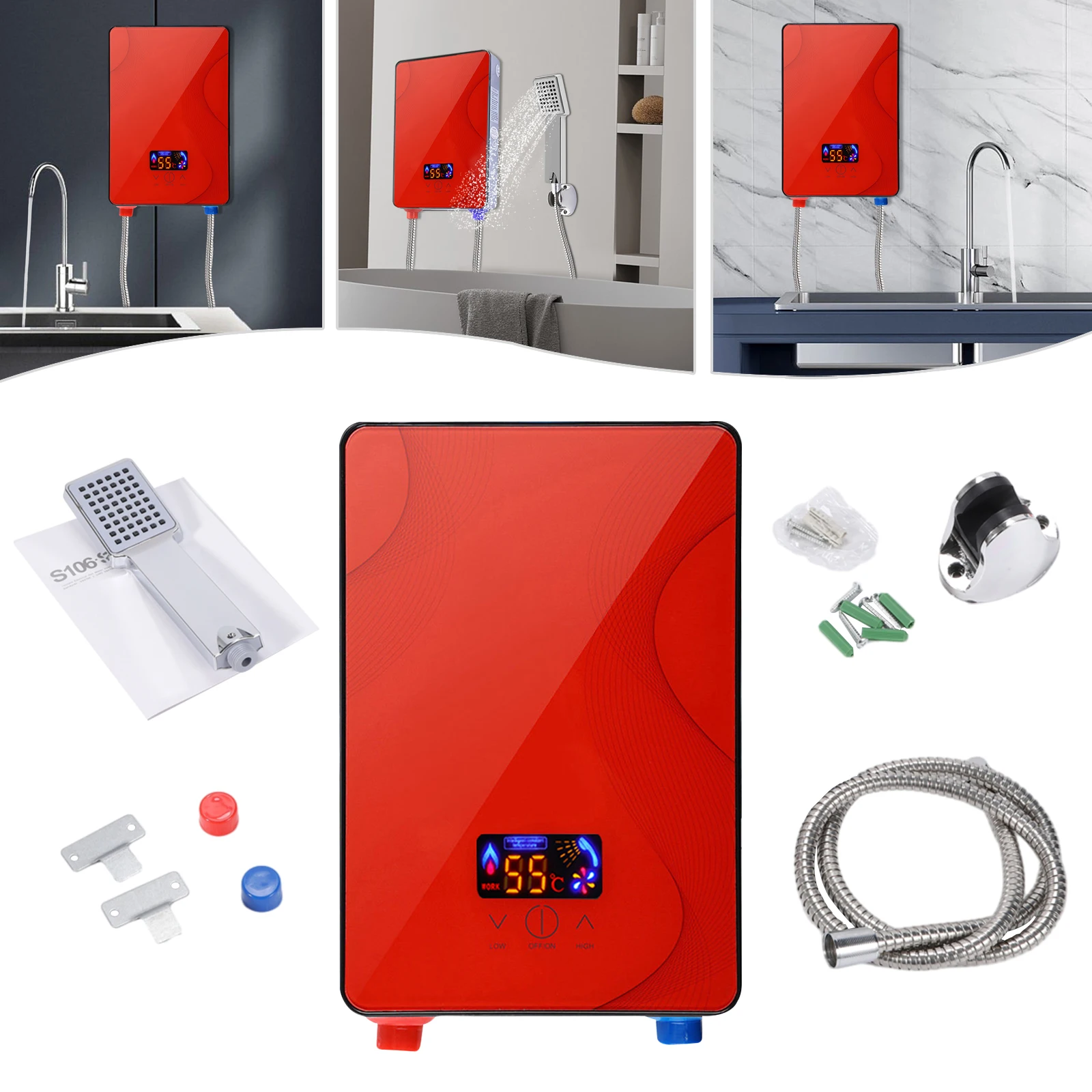 6500W Electric Water Heater Red DSK-65 Instant Hot Water Heater with LEDDisplay Screen IPX4 Adjustable Temperature 0.2-0.6MPa
