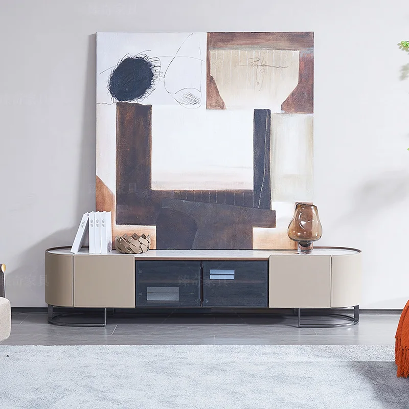 

Simple modern minimalist living room high-end household small apartment designer rock slab saddle leather TV cabinet coffee
