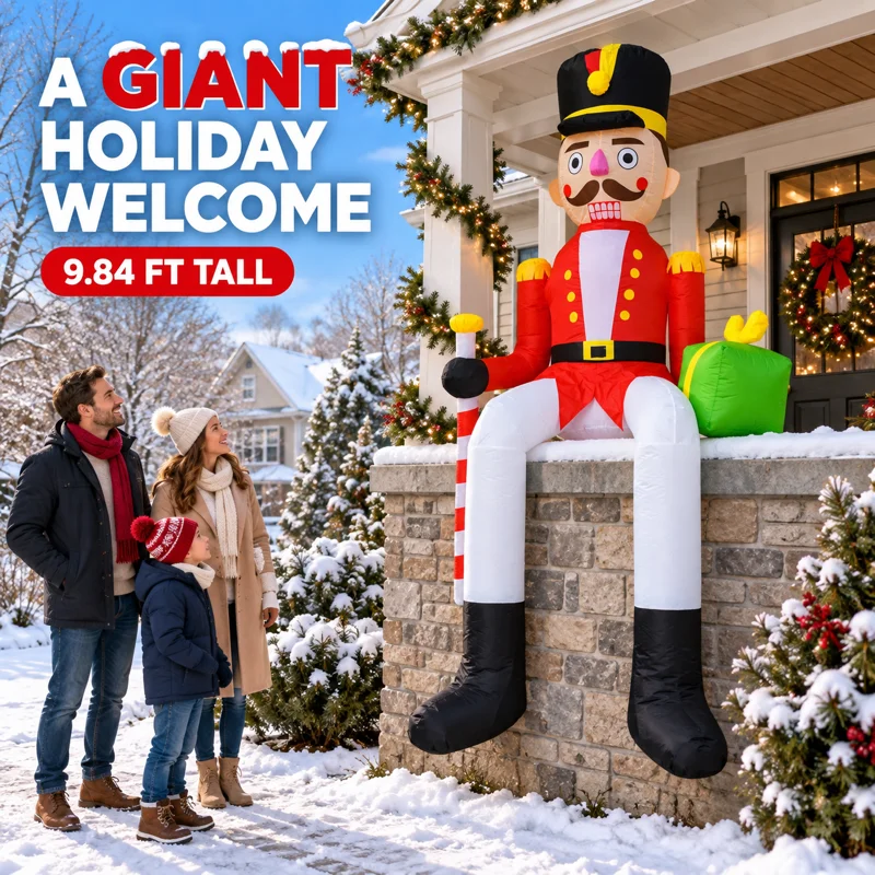 10FT Inflatable Decoration Nutcracker Soldier with Candy Cane and Gift Box Christmas Ornaments LED Lights Blow Up Yard Decor For Outdoor Garden Lawn Xmas Holiday Party Display