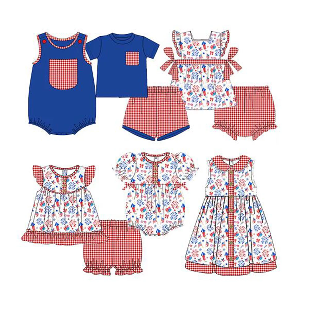 Wholesale Children's Festival Clothing 7.4 Independence Day Suit for Boy and girl Short Sleeve Matching Suit Red Plaid Print