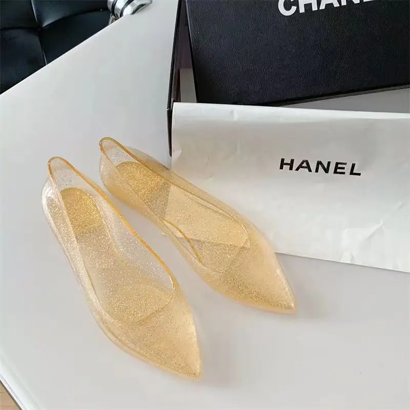 2023 New Women\'s Shallow Crystal Pointed Flat Sole Shoes Soft Bottom Non Slip Cover Foot Rain Shoes Flash Gold Casual Shoes