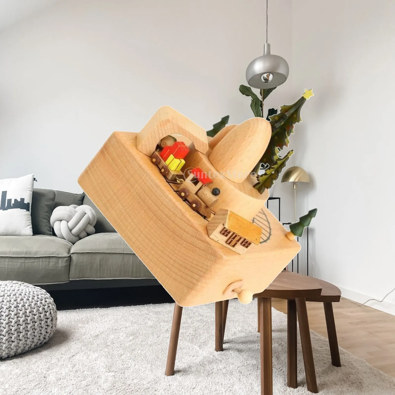 Rotating Wooden Music Box Christmas Carousel Musical Ornament Hand Cranked Melody Wind Up Decor for Living Room Tabletop