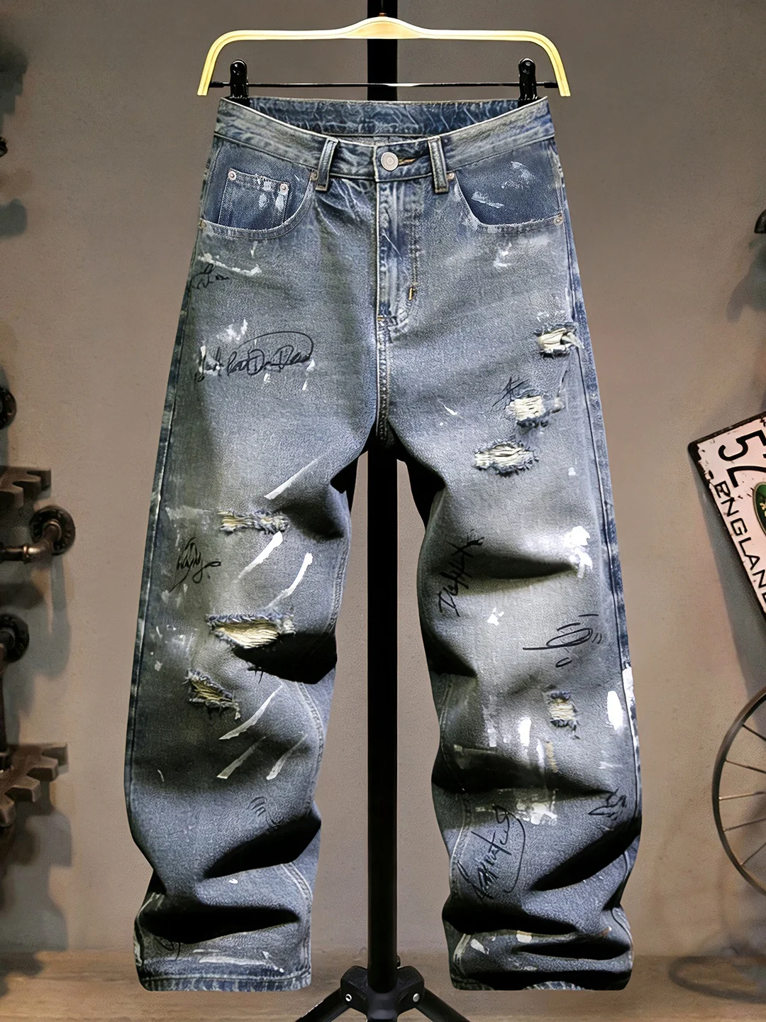 

American High Street Sle Men's Ripped Denim Jeans Straight Leg Loose Fit Youthful Versatile Waed out Casual Trousers