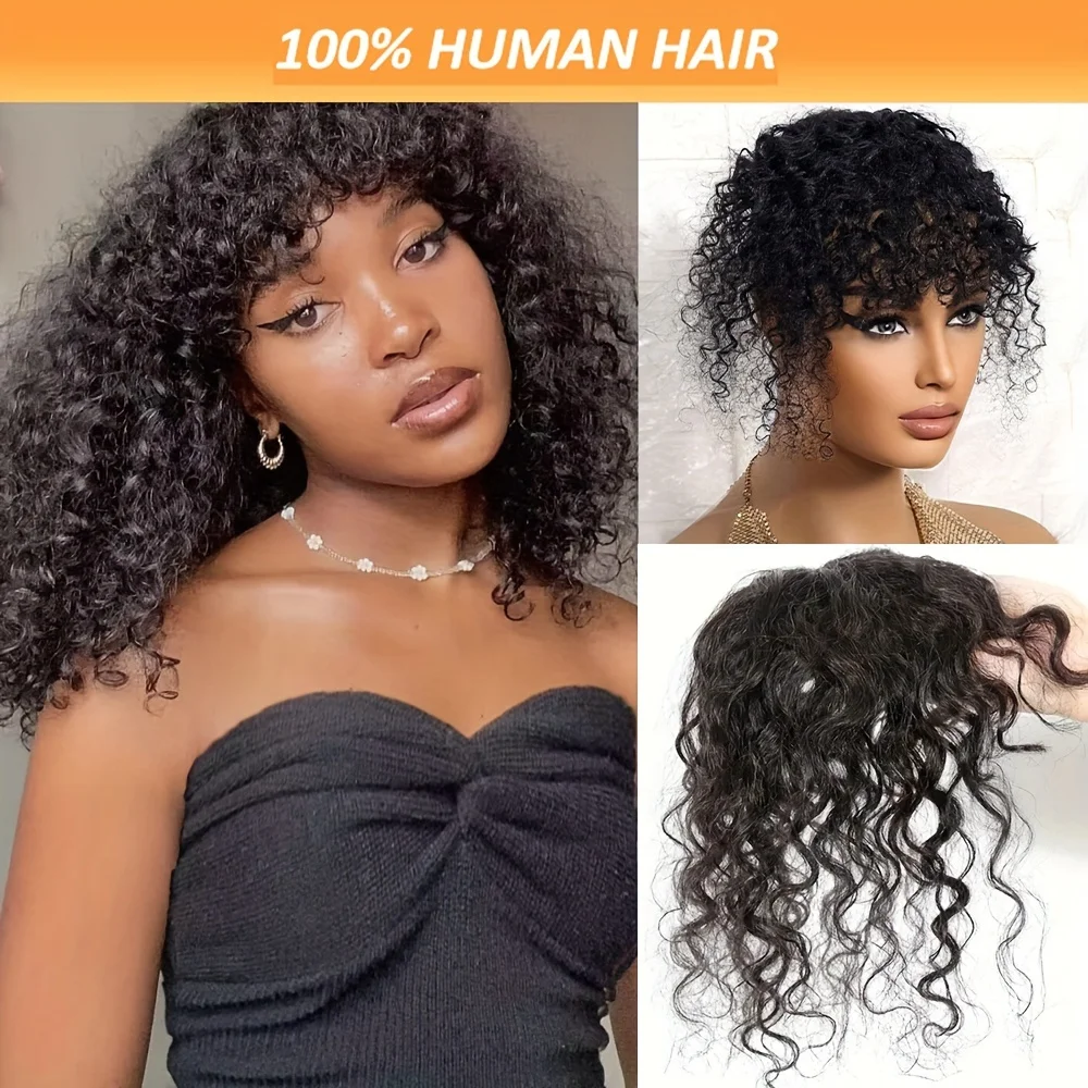 Human Hair Kinky Curly Topper Hair With Bangs For Women Invisible Clips In Hair Extensions With Thinning Hair Natural Looking