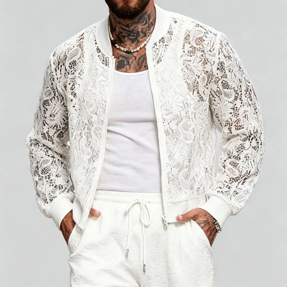 Long Sleeve Men's Mesh Jacket with Delicate Embroidered Lace Panels Hollow Out Detail and Functional Front Zipper Closure