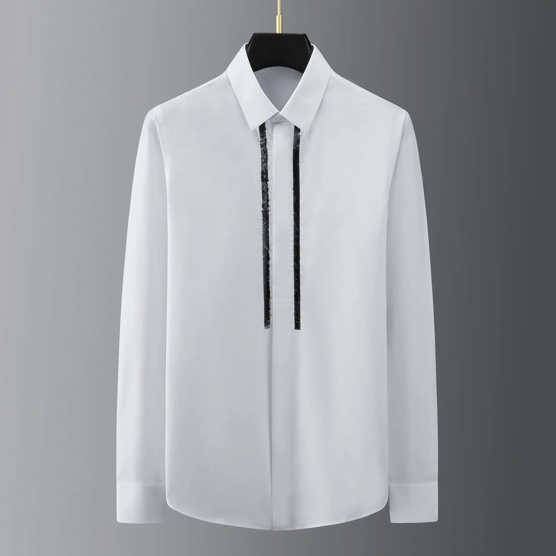 

2025 Spring Autumn Striped Bead Embroidered Long Sleeve Shirts Men's Trendy Business Casual Shirt Banquet Party Dress Shirt