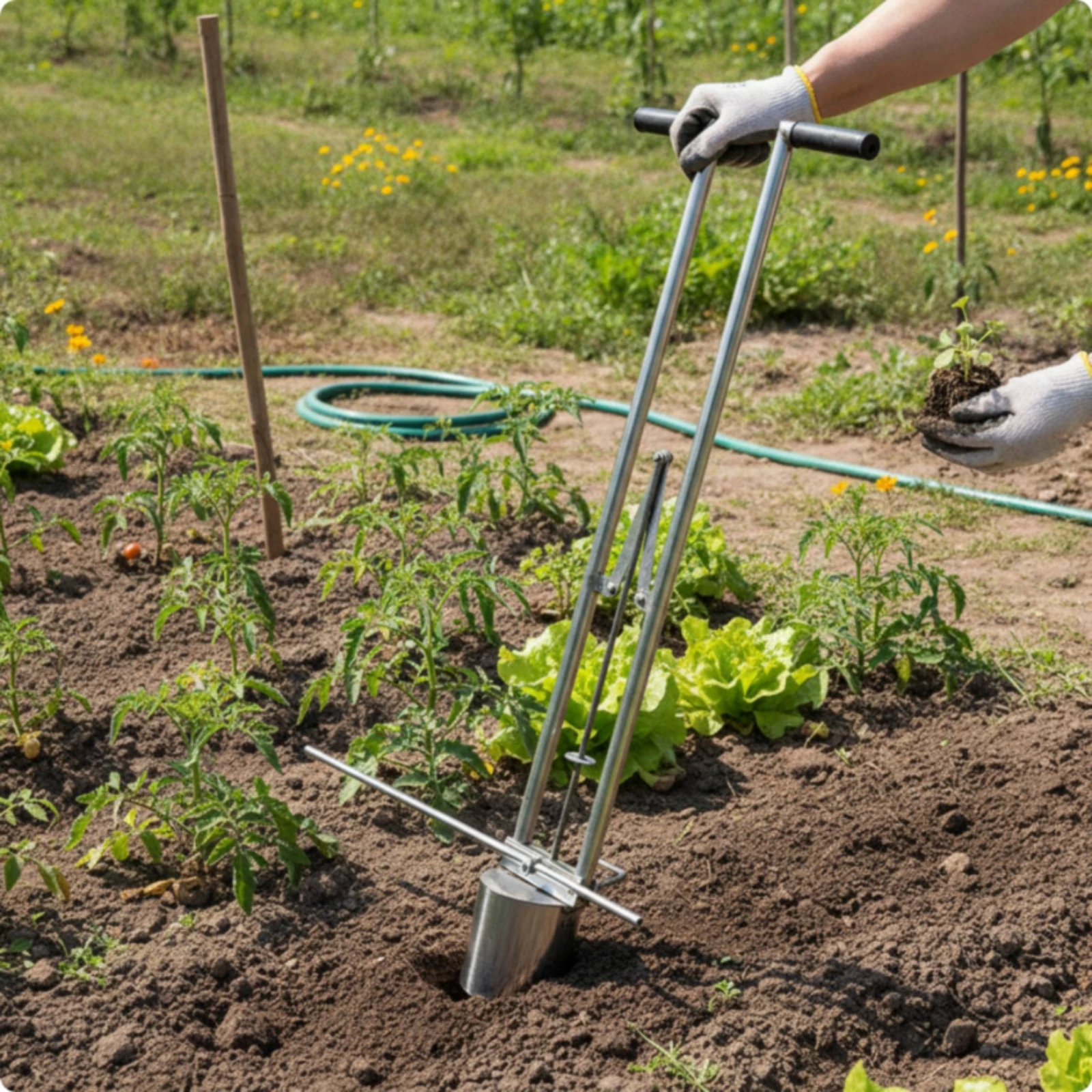 Manual Soil Hole Puncher Lever-Action Garden Soil Puncher Garden Punch Stainless Steel Look Planting Punch Long Handle