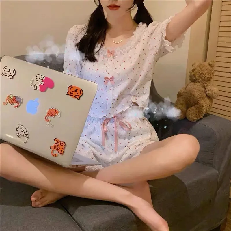 Summer Gilrs Two Pieces Short Sleeve Pajamas Thin Sweet Flower Elastic Waist Homewear Set Loose Soft Adjustable O-Neck With Bow