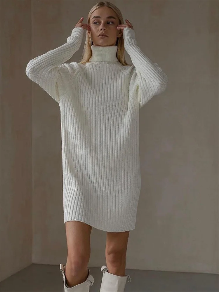 New Autumn/Winter Knitted Long Sleeved High Neck Woolen For Women Casual Loose Thick Pit Stripe Solid Color Hip Hugging