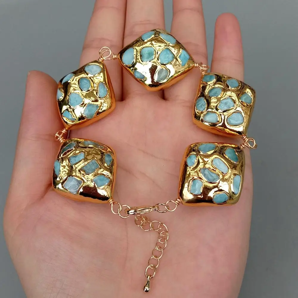 Y·YING Natural Blue Larimar Gold Plated Edge Beaded Bracelet Fashion Jewelry Gift