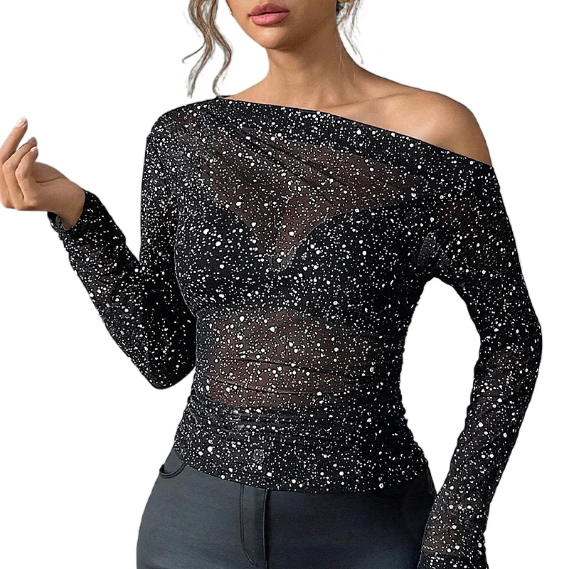 

Chiffon Rhinestone T-shirt 2025 Spring Summer Thin European Style Skew Collar Long Sleeved Top Women Hollowed Out Tee