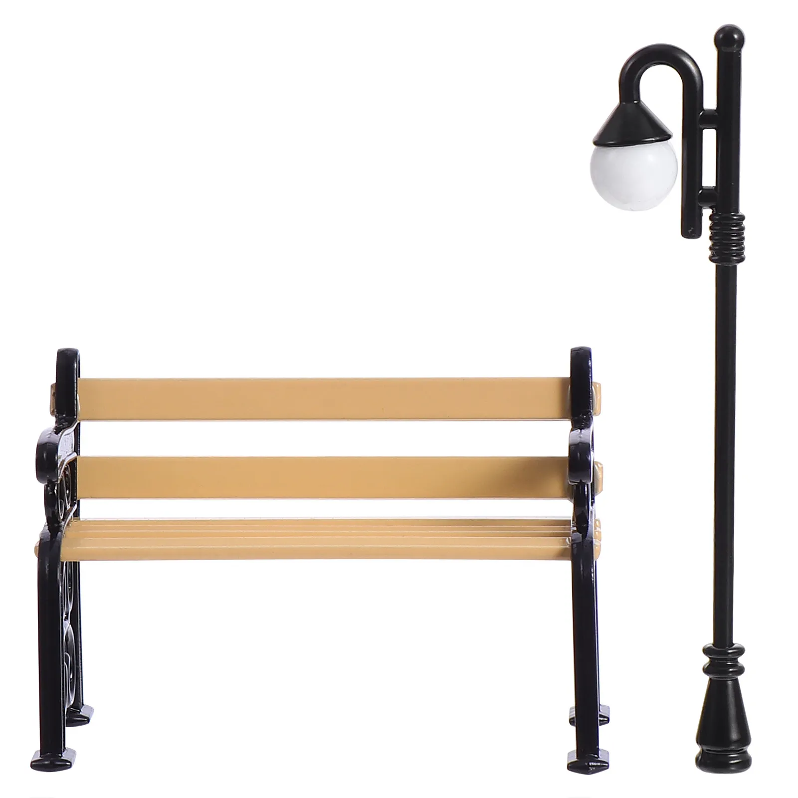 2Pcs Miniature Park Chair Resin Mini Long Chair with Mini Street Light Post Kids Decorative Ornament for Indoor Outdoor Garden