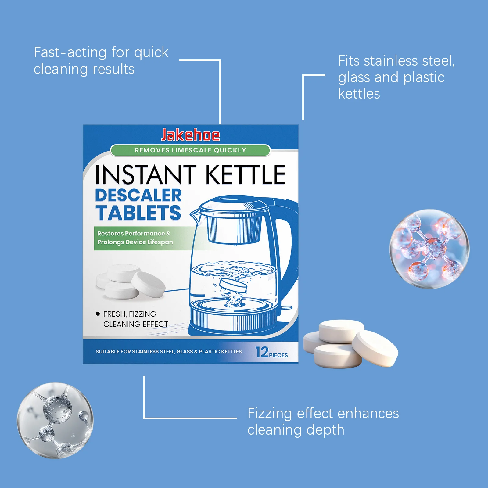 Universal Kettle Descaler - Effervescent Cleaning Tablets, Removes Limescale & Stains for Clear, Bright Surfaces
