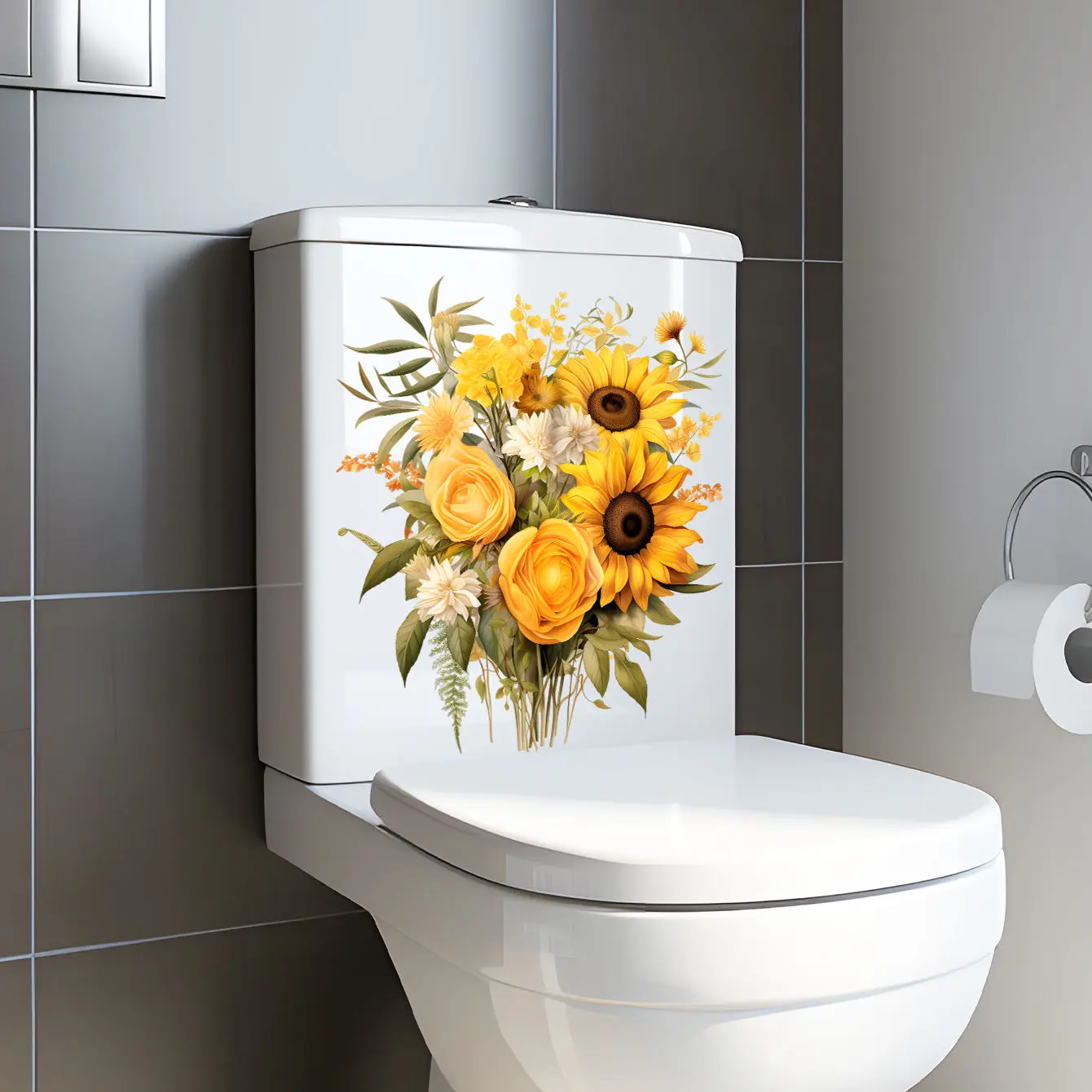 M229 Sunflower Wall Sticker Bathroom Toilet Toilet Lid WC Door Sticker Decor Living Room Cabinet Refrigerator Home Decals