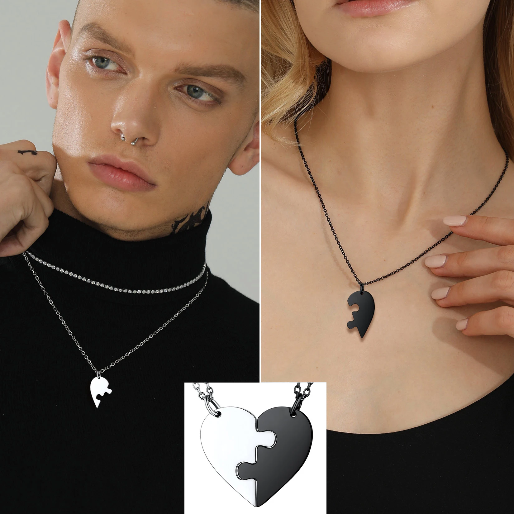 Stainless Steel 2pcs/Set Black And White Heart Puzzle Pendant Necklaces For Couple Lover Bff Jewelry Gift Clearance Sale