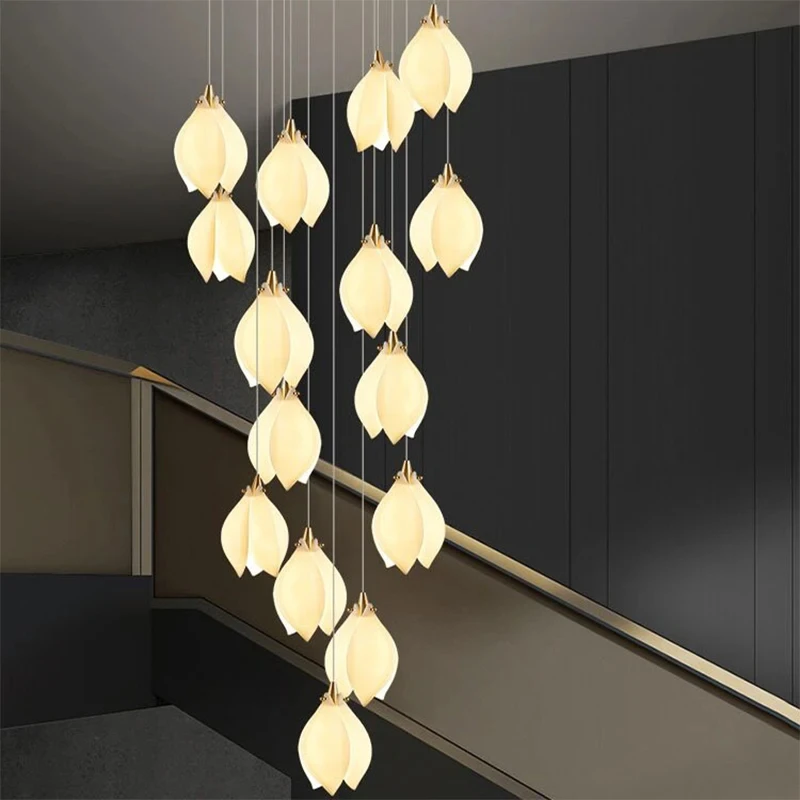 Duplex Staircase LED Long Chandelier Hotel Villa Hall Hanging Pendant Light Ceramic Magnolia Art Suspension Lustre CX106DS