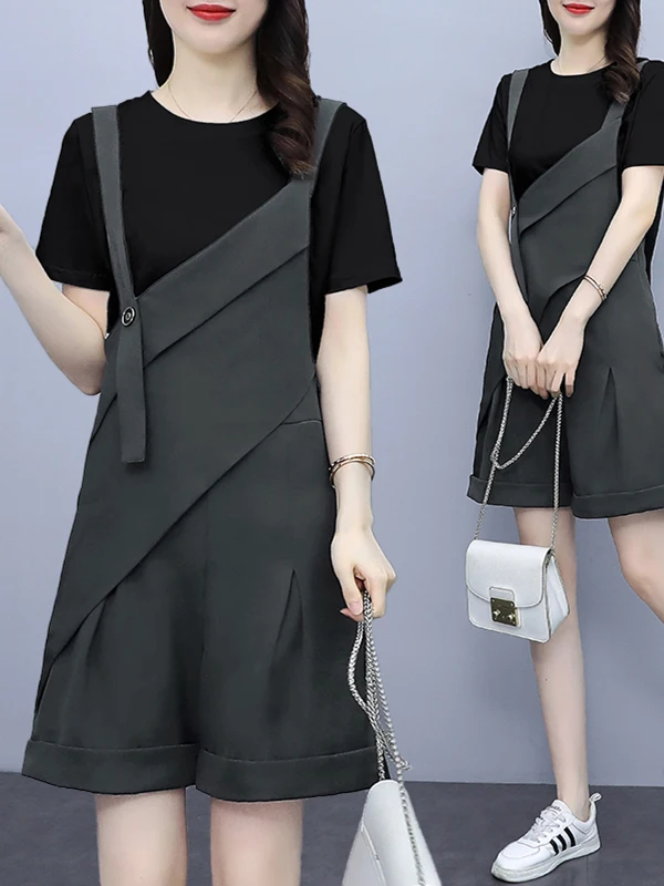 

Корейский асимметричный комплект из шорт и футболки для женщин, летний, больших размеров, тонкий, с коротким рукавом, комбинезон, комплект из двух предметов