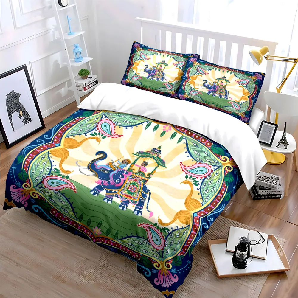 Ornate elephant with riders Pattern Duvet Cover Set Digital Print Colorful Polyester Bedding with Zipper Closur for kids gifts