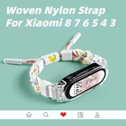 Colorful Sport Band for Mi Band 8 7 5/6 3/4 NFC Strap Breathable Woven Nylon Wristband Color-block Bracelet With Clear Case