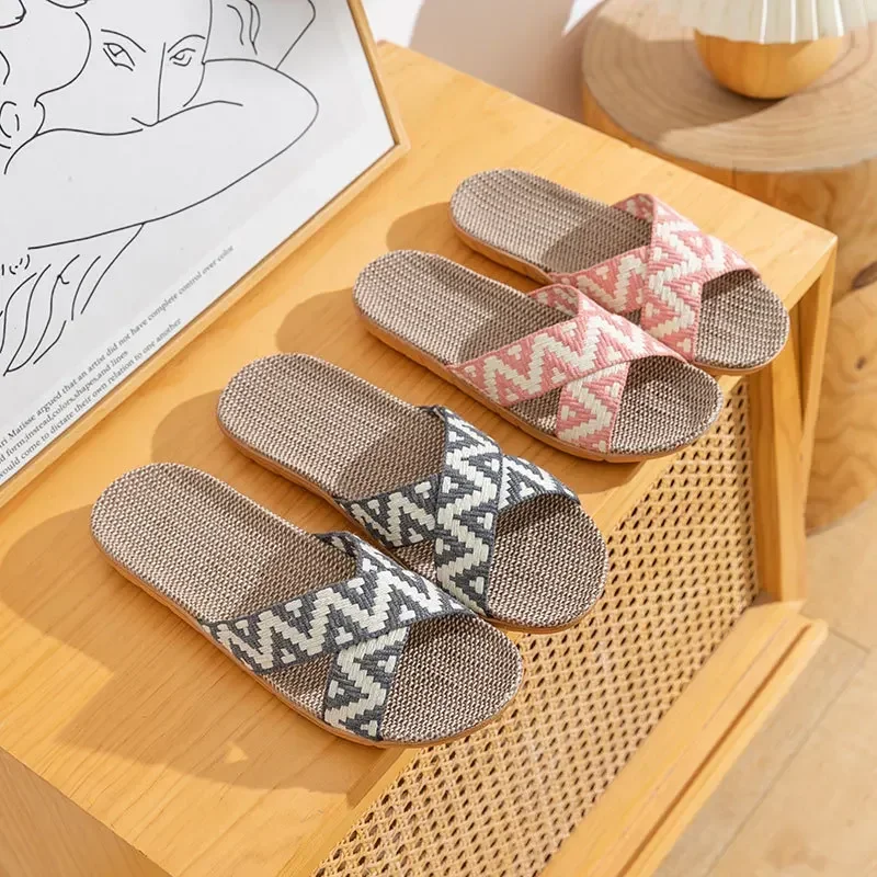 Linen Slippers for Home Use Thick Soled Summer Grass Woven Rattan Woven Men's and Women's Homes Indoor Anti Slip Anti Odor Feet