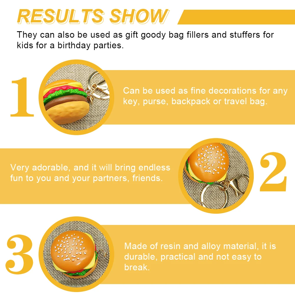 

3pcs Burger Shaped Resin Alloy Keychains Durable Key Holder Pendant Bag Hanging Car Keyring Gift For Kids Party Goody Bags