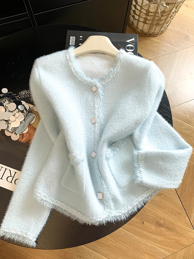 Fashion Sweet Cardigan Women Elegant Long Sleeve Faux Mink Cashmere Knitted Sweater Cute O Neck Pockets Fall Winter Tops Coat