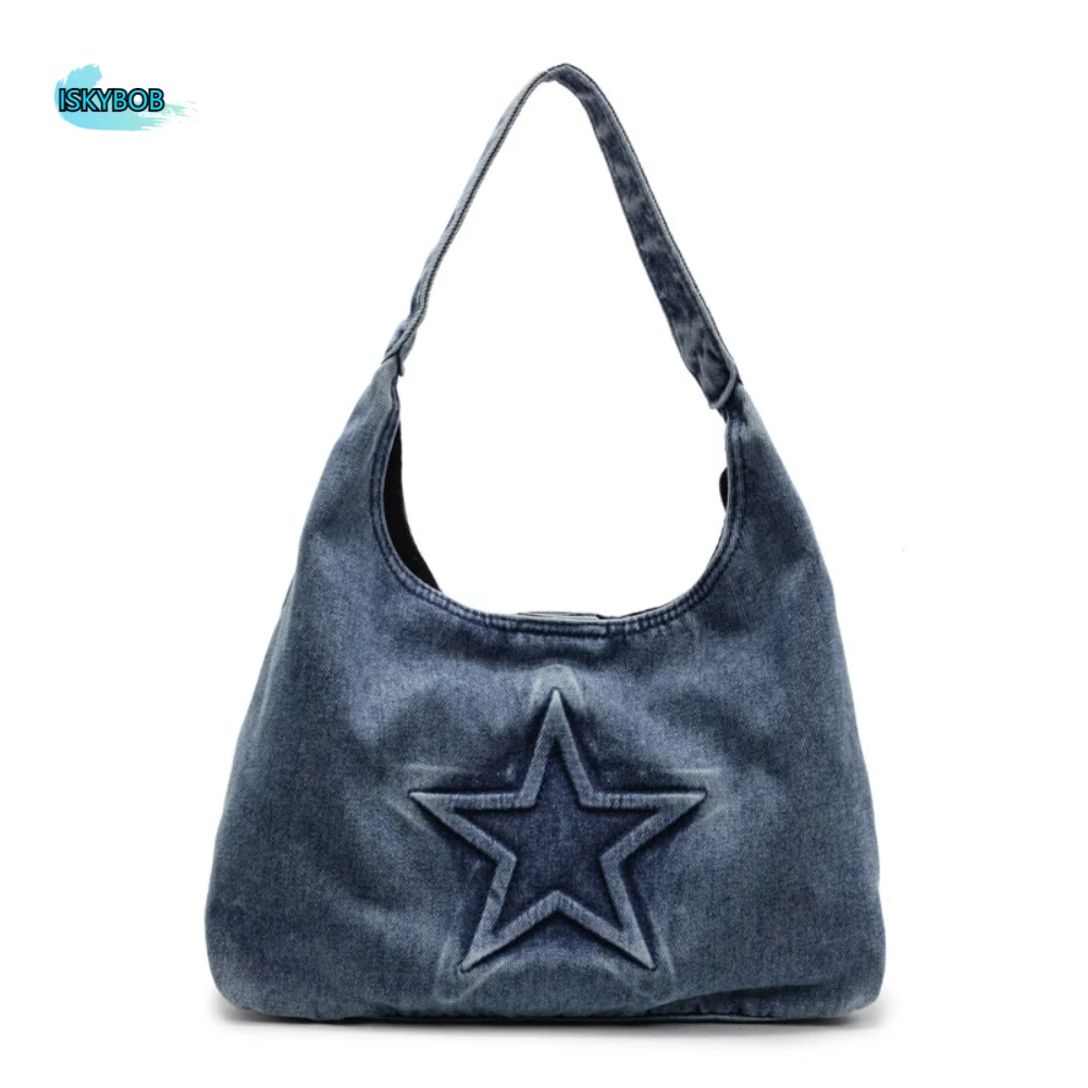 

Fashion Leisure Denim Tote Bag Harajuku Large Capacity Canvas Shoulder Bag Hobo Bag Star Pattern Women Handbag Commuting