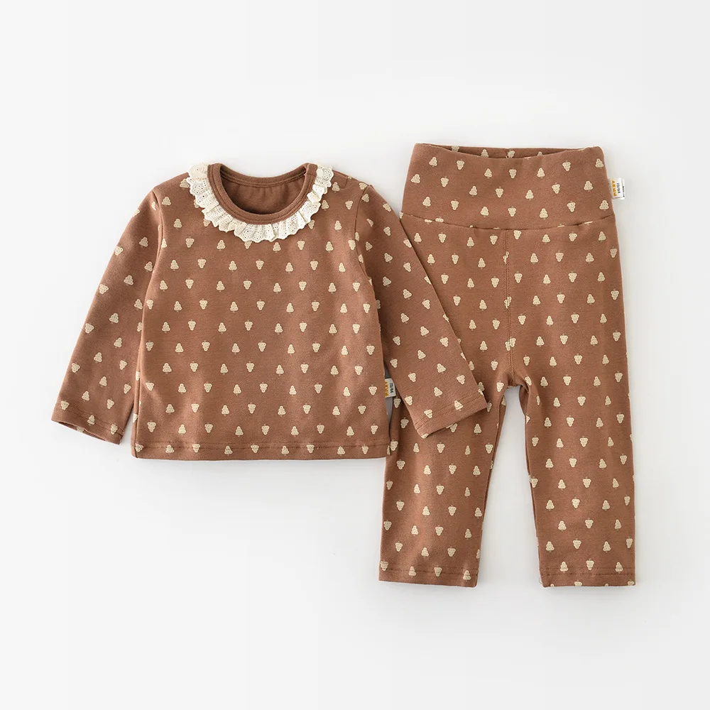 2025 New Autumn Baby Pajamas Sets 0-3T Cute Floral Lace O-Neck Kids Sleepwear Baby Girls Cotton Homewear