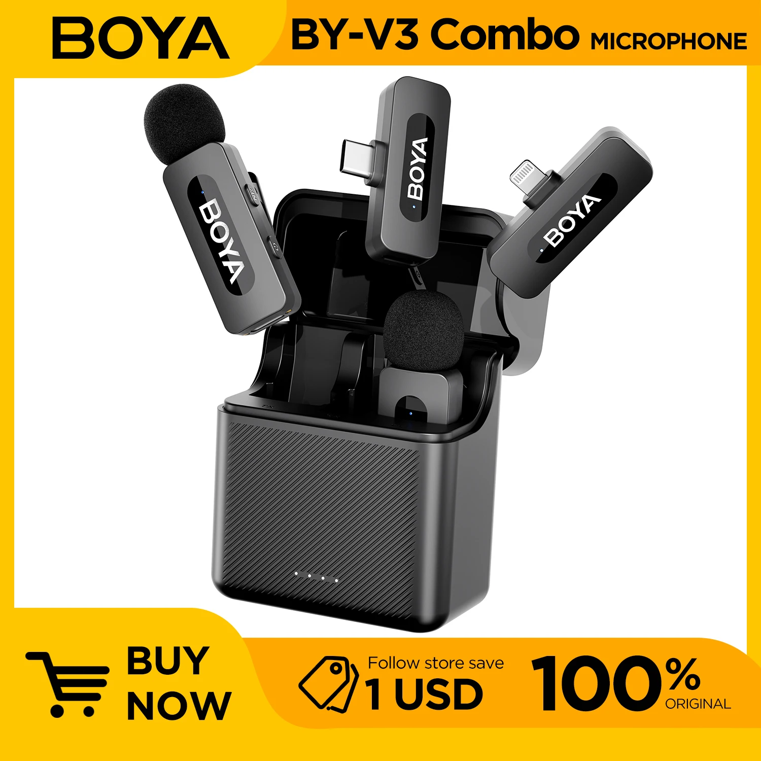 BOYA V3 Kit de micrófono Lavalier inalámbrico profesional Compatible con Android y DJI Pocket 3 tipo C USB-C transmisión en vivo, vlog