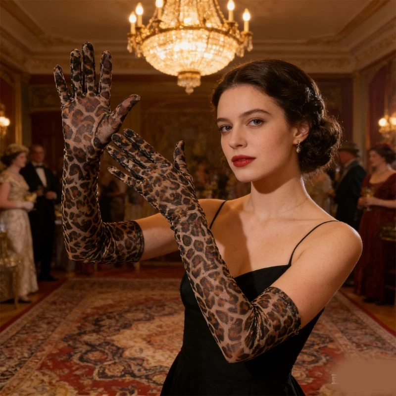 Elegant Long Mesh Gloves With Leopard Print Cosplay Accessory Stretchy Long Elbow Gloves For Ball Party And Prom Event